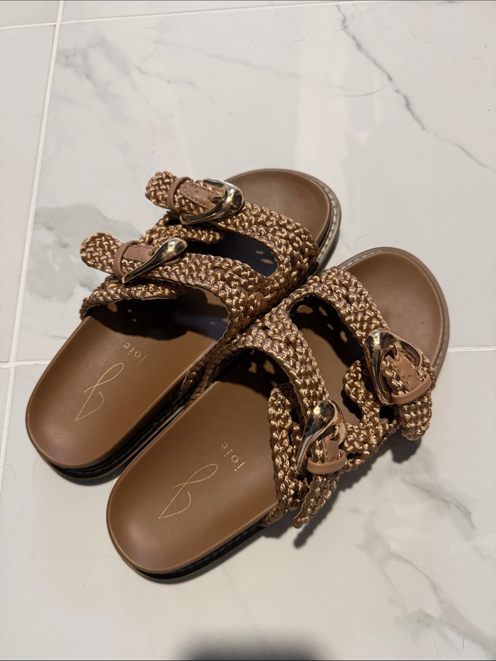 Joie Braided Double-Buckle Slide Sandals in Tan